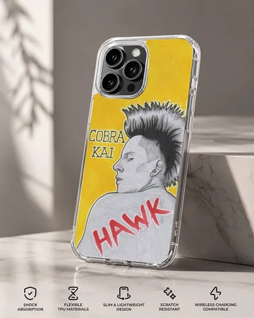 Cobra Kai Hawk character pencil style art on a yellow background phone case — Specs