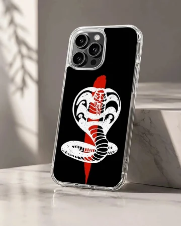 White and red cobra snake illustration on a black background phone case