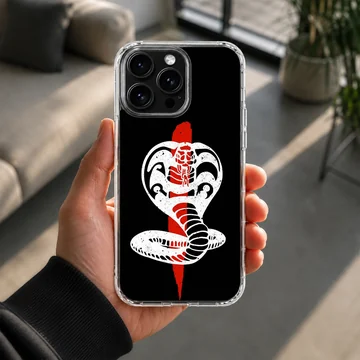 White and red cobra snake illustration on a black background phone case — Lifestyle