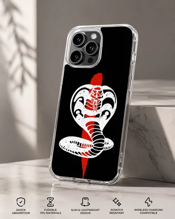 White and red cobra snake illustration on a black background phone case — Specs