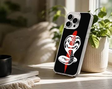 White and red cobra snake illustration on a black background phone case — Lifestyle