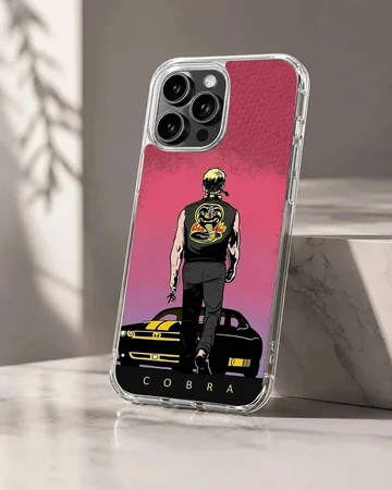 Illustrated graphic of a martial artist walking toward a muscle car under a pink sky on a phone case