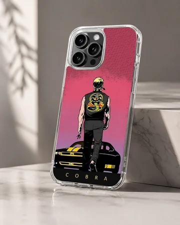 Illustrated graphic of a martial artist walking toward a muscle car under a pink sky on a phone case — Hero