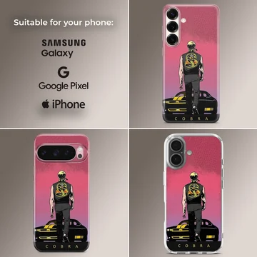 Illustrated graphic of a martial artist walking toward a muscle car under a pink sky on a phone case — Collage