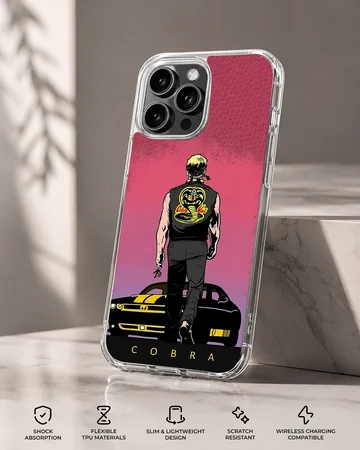 Illustrated graphic of a martial artist walking toward a muscle car under a pink sky on a phone case — Specs