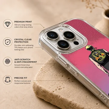 Illustrated graphic of a martial artist walking toward a muscle car under a pink sky on a phone case — Info