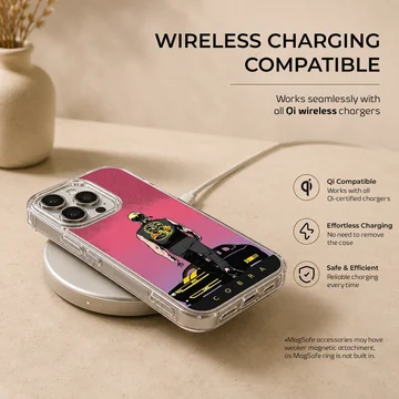 Illustrated graphic of a martial artist walking toward a muscle car under a pink sky on a phone case — Charging