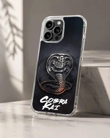 Cobra Kai phone case featuring a textured metallic snake emblem and bold white script over a dark background