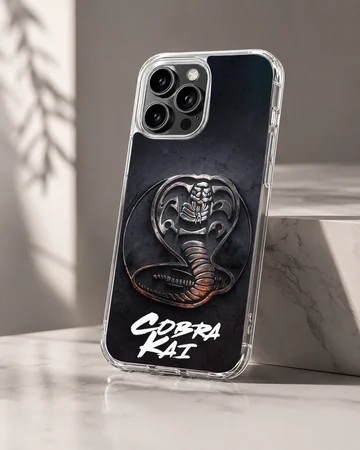Cobra Kai phone case featuring a textured metallic snake emblem and bold white script over a dark background — Hero