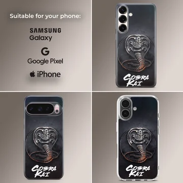 Cobra Kai phone case featuring a textured metallic snake emblem and bold white script over a dark background — Collage