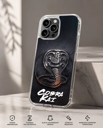 Cobra Kai phone case featuring a textured metallic snake emblem and bold white script over a dark background — Specs