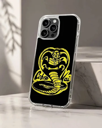 Yellow distressed cobra snake emblem and lettering on a black phone case