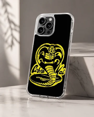 Yellow distressed cobra snake emblem and lettering on a black phone case — Hero