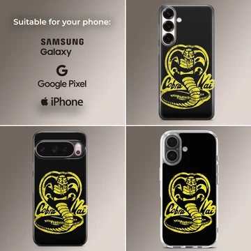 Yellow distressed cobra snake emblem and lettering on a black phone case — Collage