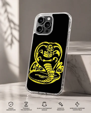 Yellow distressed cobra snake emblem and lettering on a black phone case — Specs