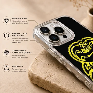 Yellow distressed cobra snake emblem and lettering on a black phone case — Info