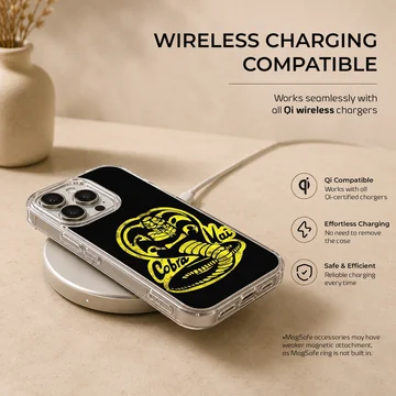 Yellow distressed cobra snake emblem and lettering on a black phone case — Charging