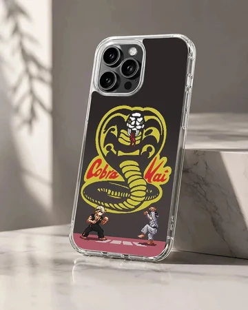 Pixel art cobra symbol and martial artists printed on a matte phone case
