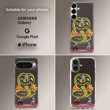 Pixel art cobra symbol and martial artists printed on a matte phone case — Collage