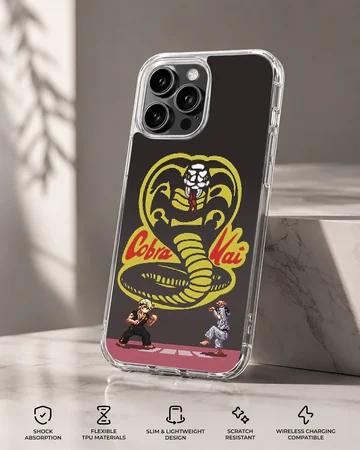 Pixel art cobra symbol and martial artists printed on a matte phone case — Specs