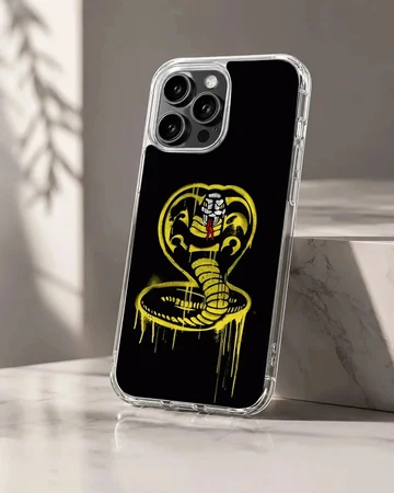 Cobra Kai yellow spray-painted snake emblem artwork on a black background phone case