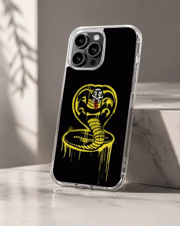 Cobra Kai yellow spray-painted snake emblem artwork on a black background phone case — Hero