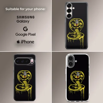 Cobra Kai yellow spray-painted snake emblem artwork on a black background phone case — Collage