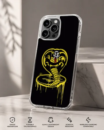Cobra Kai yellow spray-painted snake emblem artwork on a black background phone case — Specs