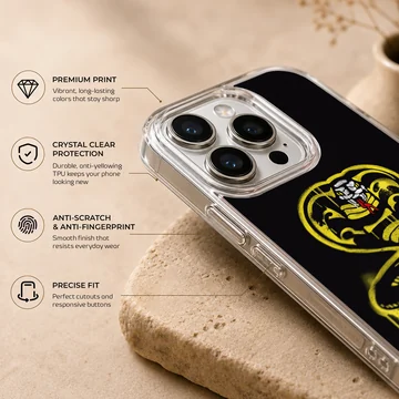 Cobra Kai yellow spray-painted snake emblem artwork on a black background phone case — Info
