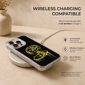 Cobra Kai yellow spray-painted snake emblem artwork on a black background phone case — Charging