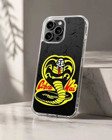Cobra Kai snake logo illustration in yellow and red on a textured black background phone case