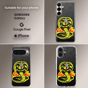 Cobra Kai snake logo illustration in yellow and red on a textured black background phone case — Collage