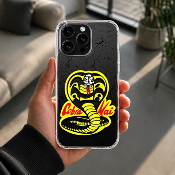 Cobra Kai snake logo illustration in yellow and red on a textured black background phone case — Lifestyle