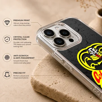 Cobra Kai snake logo illustration in yellow and red on a textured black background phone case — Info