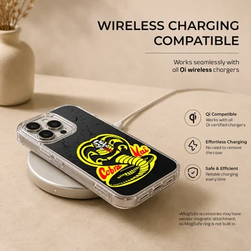 Cobra Kai snake logo illustration in yellow and red on a textured black background phone case — Charging