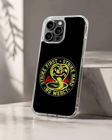 Cobra Kai cobra emblem and strike first lettering on a black matte phone case