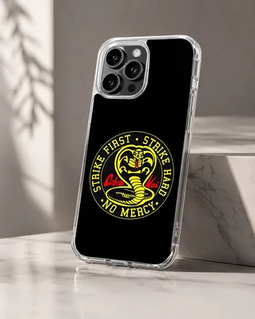 Cobra Kai cobra emblem and strike first lettering on a black matte phone case — Hero