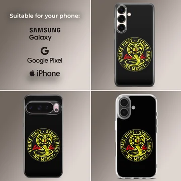 Cobra Kai cobra emblem and strike first lettering on a black matte phone case — Collage