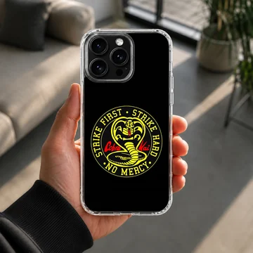 Cobra Kai cobra emblem and strike first lettering on a black matte phone case — Lifestyle