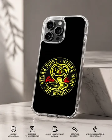 Cobra Kai cobra emblem and strike first lettering on a black matte phone case — Specs