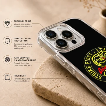 Cobra Kai cobra emblem and strike first lettering on a black matte phone case — Info