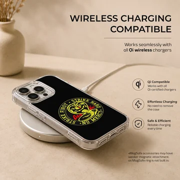 Cobra Kai cobra emblem and strike first lettering on a black matte phone case — Charging