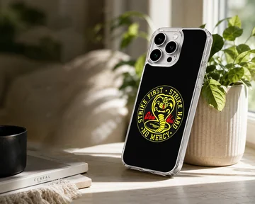 Cobra Kai cobra emblem and strike first lettering on a black matte phone case — Lifestyle