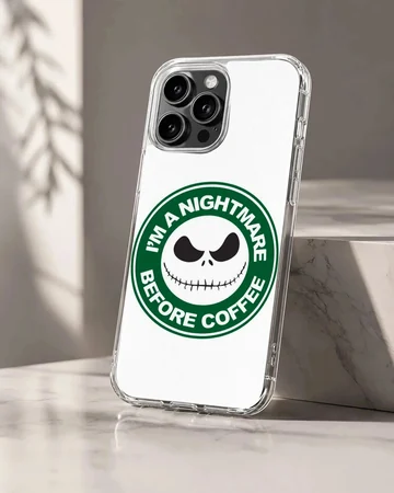 A white and green circular coffee skeleton graphic printed on a phone case