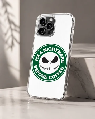 A white and green circular coffee skeleton graphic printed on a phone case — Hero