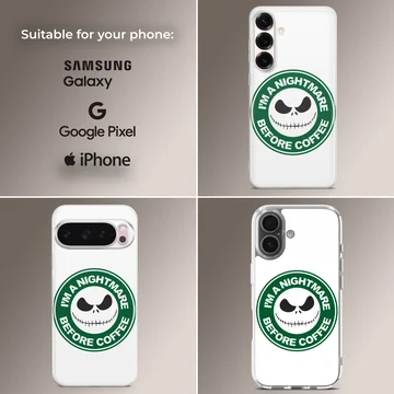 A white and green circular coffee skeleton graphic printed on a phone case — Collage