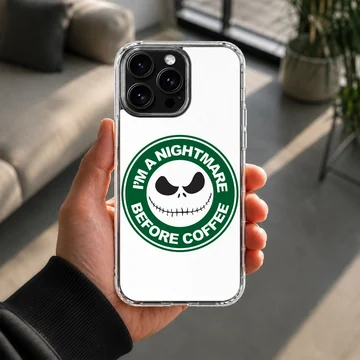 A white and green circular coffee skeleton graphic printed on a phone case — Lifestyle