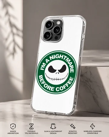 A white and green circular coffee skeleton graphic printed on a phone case — Specs
