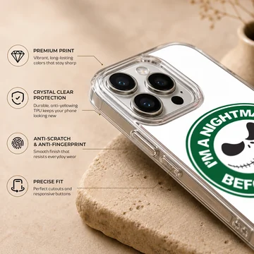 A white and green circular coffee skeleton graphic printed on a phone case — Info