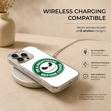 A white and green circular coffee skeleton graphic printed on a phone case — Charging